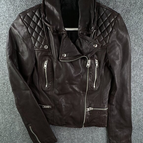 Allsaints Leather Jacket Brown Women Size 4 Zip Pockets Grunge Catch Biker - Picture 1 of 16